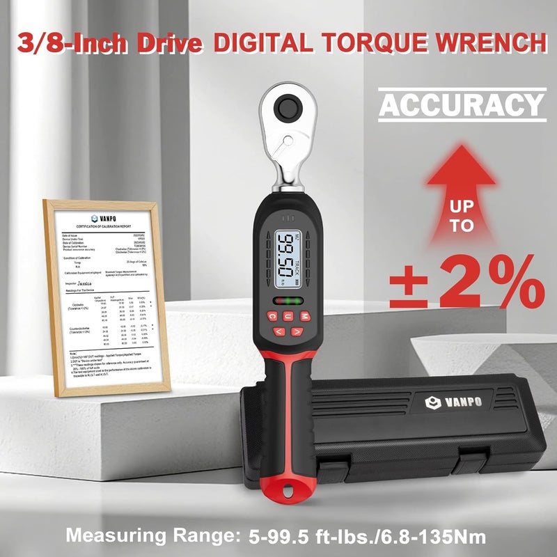 VANPO Digital Torque Wrench 3/8-Inch Drive 5-99.5 ft-lbs./6.8-135Nm, ±2% Torque Accuracy, Electronic Torque Wrench with Preset Value, Buzzer and LED Notification for Automotive Motorcycle & Bicycle - Image 2
